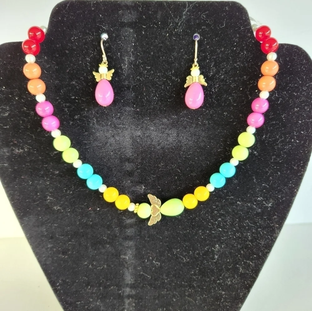 Hand Crafted Necklace and Pierced Drop Earrings Angel Wings Pearls Pink Beads